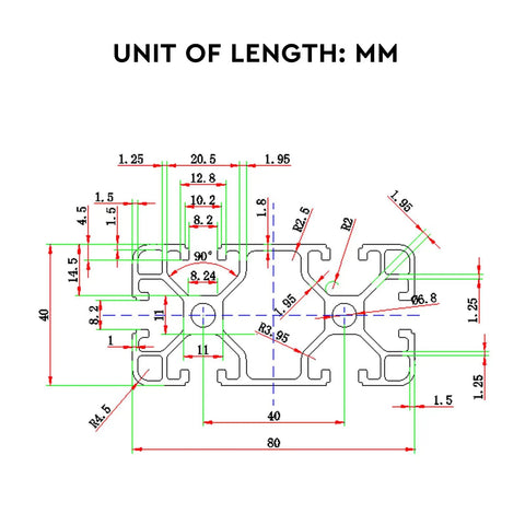 Technical diagram of Heavy Duty 48 Inch Aluminum Extrusion Profile 4080 T Slot with measurements for 3D Printer Parts and CNC Routers.