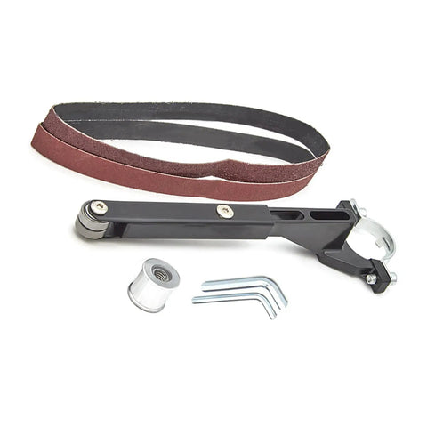 Game Changing Angle Grinder To Belt Sander Adapter Kit with rugged black brackets and sanding belt for smoothing tasks.