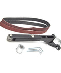 Badass Electric Belt Sander Attachment transforms angle grinder with aluminum mount, sanding belt, and hardware for polishing.