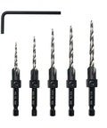 Countersink Drill Bit Set Five Piece Tapered Drill Bits With One Quarter Inch Hex Shank Quick Change Includes Allen Wrench