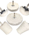 Six white buffing wheels with metal arbors for drills; fluffy polishing pads for metal, wood, plastic and glass.