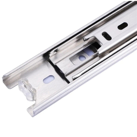 Close-up of stainless steel Full Extension Drawer Slides 10 To 22 Inches Stainless Steel Three Section Drawer Slide System For Cabinets