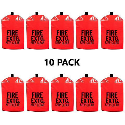 Heavy Duty Fire Extinguisher Covers 10 Pack Waterproof fit 20 lb tanks displayed in bright red for outdoor protection.