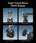 Super Clamp Camera Mount With 360 Dual Ball Head For Bike Handlebar Mounts detail display showing adapters and knobs.