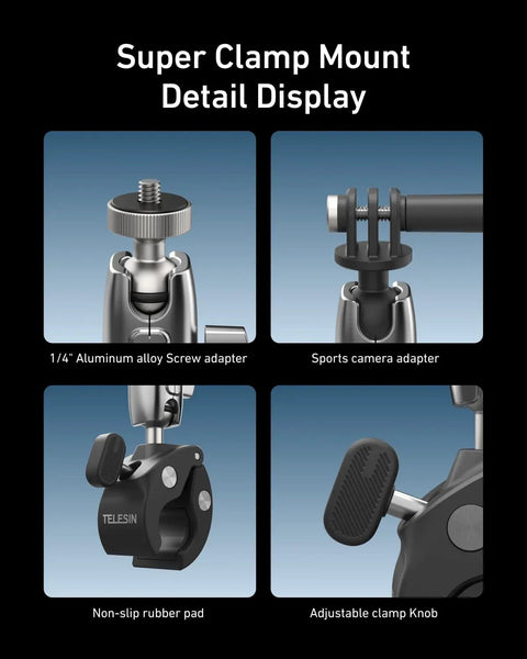 Super Clamp Camera Mount With 360 Dual Ball Head For Bike Handlebar Mounts detail display showing adapters and knobs.