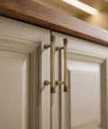 Six Pack Antique Brass Walnut Cabinet Pulls And Knobs Set on beige kitchen cabinet doors