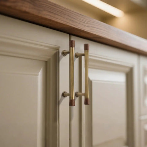 Six Pack Antique Brass Walnut Cabinet Pulls And Knobs Set on beige kitchen cabinet doors