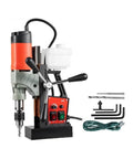 Heavy Duty 1200W Magnetic Drill Press With 40mm Boring Capacity, 13000N Magnetic Pull, Stepless 100-580 RPM, equipped with drill bits and tools.