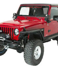 Red Jeep TJ 1997-2006 with Beefy Offroad Winch Plate For Jeep TJ 1997 To 2006 Wrangler Steel Black Textured Powder Coat Piranha Series.