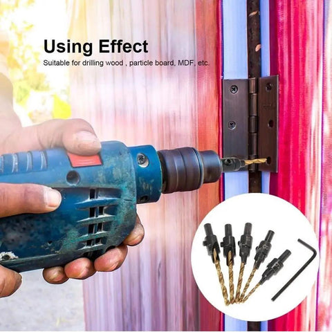 11 Piece Countersink Drill Bit Set For Woodworking With Hex Shank High Speed Steel Bits in use for hinge installation