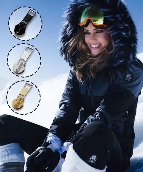 Woman in winter gear with Zipper Repair Kit Upgrade With Replacement Sliders And Pulls 99 Piece Quick Fix Set for jackets shown.