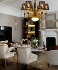 Crystal Chandelier Shade Set with black textured cloth in elegant living room setting