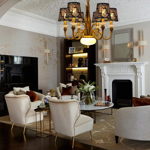 Crystal Chandelier Shade Set with black textured cloth in elegant living room setting
