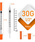 1Cc Syringe With 30G Half Inch Needle, Individually Wrapped Lab Supplies, 30 Pack, Clear Readout And Smooth Plunger, No Sticking, Precision Measurement For Lab Use, orange cap