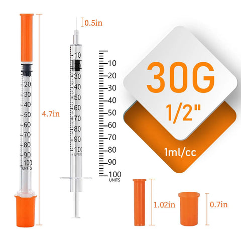 1Cc Syringe With 30G Half Inch Needle, Individually Wrapped Lab Supplies, 30 Pack, Clear Readout And Smooth Plunger, No Sticking, Precision Measurement For Lab Use, orange cap