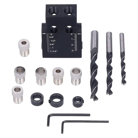 Bulletproof Aluminum Pocket Hole Jig With Dead On 15 Degree Angle Guide And Inch Metric Scale Marks For Cabinet Framing Furniture Assembly And Diy Woodworkers Wanting Clean Joins components laid out on a white background.