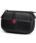 Compact Waterproof First Aid Kit With 130 Piece Emergency Gear For Travel, Hiking, Camping, Car, Home, Dorm, School Or Boat In A Durable EVA Backpack Ready To Go, black EVA case with medical cross symbol.