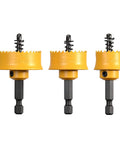 KATA 3-piece impact hole saw set with yellow thin-wall cutters and black hex shanks; sizes 7/8", 1-1/8", 1-3/8"