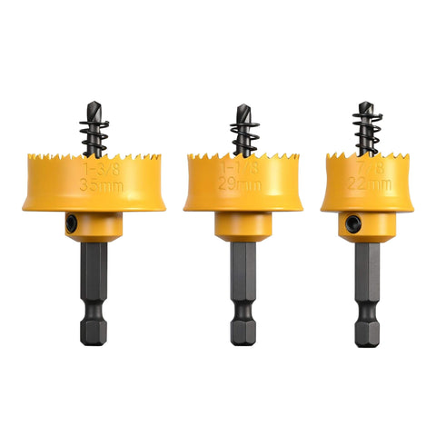 KATA 3-piece impact hole saw set with yellow thin-wall cutters and black hex shanks; sizes 7/8", 1-1/8", 1-3/8"