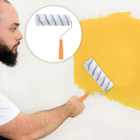 Set Of 3 Pro Grade Paint Rollers For Walls And House Painting in use, applying yellow paint with a durable fiber roller.