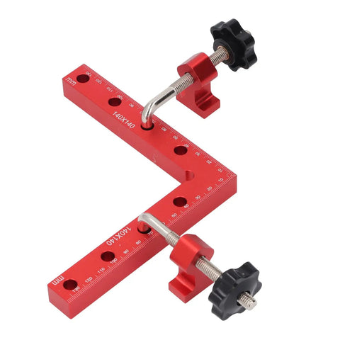 Nail The Square Every Time Heavy Duty 90 Degree Woodworking Corner Clamp 140X140mm shown in red aluminum, ideal for precise cabinet alignment.