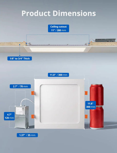 Ultra Slim 11 Inch Square LED Recessed Ceiling Light Canless Wafer With 5CCT dimensions and size comparison with soda can
