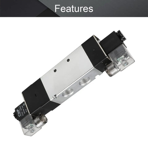 Top Shelf 1/2 Inch Pneumatic Solenoid Air Valve Dc24V Five Port Three Position Control Aluminum Cast Body Tight Seal Smooth Slide Straight Shot Industrial Solenoid Valve