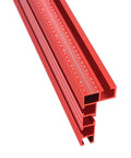 Built Tough Aluminum T Track Table Fence System With Laser Measure For Dead Accurate Miter Saw Cuts And Woodworking Projects On Portable Or Cabinet Saws, red aluminum track with dual scales.
