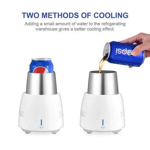 Portable Car Cup Beverage Cooler With Electric Adapter And 350ML Mug filling soda can, compact design for icy drinks.