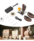 Compact Mini Electric Belt Sander accessories including motor, sanding belts, and polishing wheels for DIY wood projects.