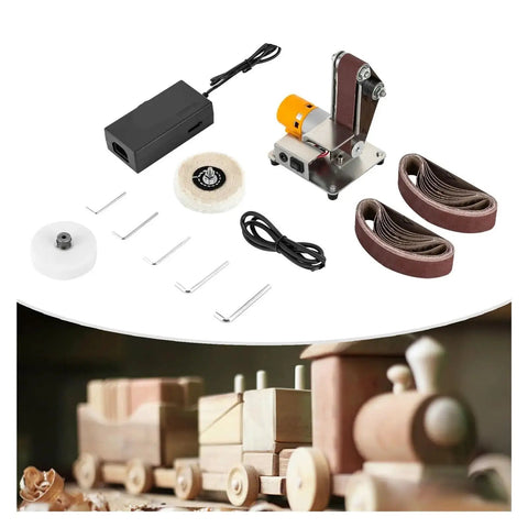 Compact Mini Electric Belt Sander accessories including motor, sanding belts, and polishing wheels for DIY wood projects.