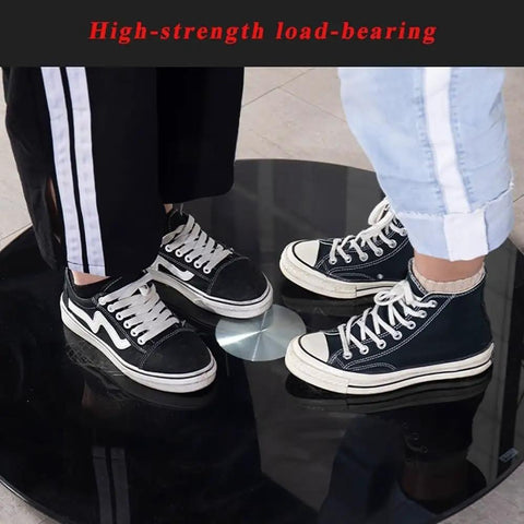 Heavy Duty Tempered Glass Lazy Susan Turntable For Kitchen Tables, 360 Smooth Operator Rotating Serving Plate with people standing on it.