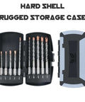 Front view of SDS Plus rotary hammer drill bit set (10-pack) with carbide tips in a rugged hard-shell storage case; sizes 1/8-1/2 in