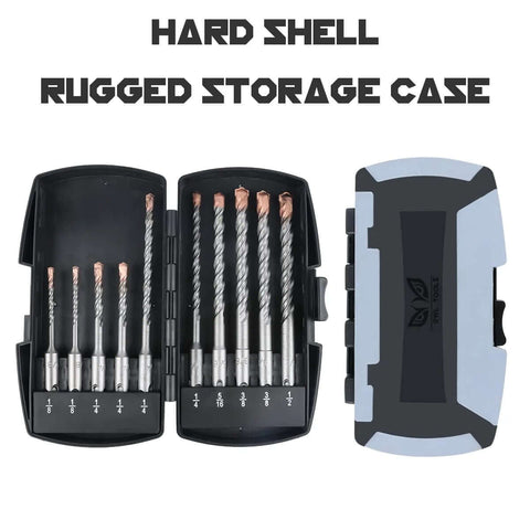 Front view of SDS Plus rotary hammer drill bit set (10-pack) with carbide tips in a rugged hard-shell storage case; sizes 1/8-1/2 in