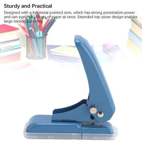 Compact Five Point Five Millimeter Hole Puncher Built Tough Metal for 40 Sheets, Non Slip Scraps Box, Easy Grip, Blue
