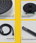 Heavy Duty 10 Inch Wall Mount Rain Shower System Set With Sweet Matte Black Finish And Air Infused High Pressure Head. Features include silicone outlet, control panel, PVC hose, and brass handheld.