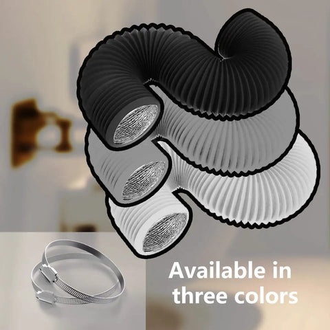 Image showing three 4 Inch Dryer Vent Hose 8 Foot Flexible Insulated Ducting With Aluminum Foil PVC Layer 360 Degree Flex For HVAC Venting White Includes 2 Clamps Easy Install No Fuss in black, gray, and white with two metal clamps beside them.
