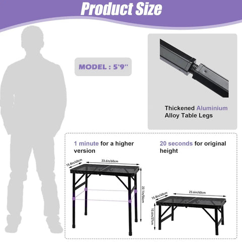 Dimensions and setup of Foldable Camping Table With Adjustable Height, model shown for scale next to table in compact and extended modes