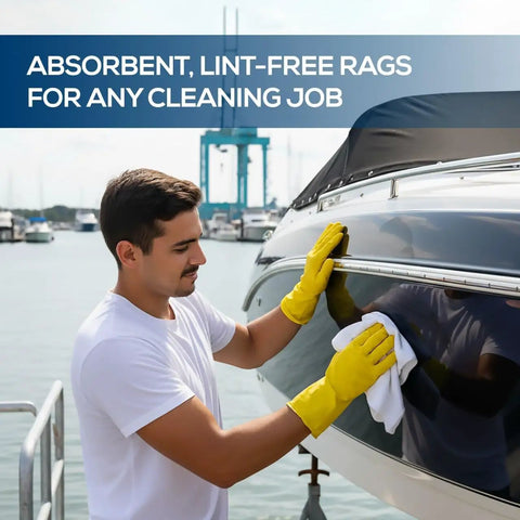 Person using Bulk Jersey Knit T Shirt Rags Poly Cotton Cleaning Cloths For Painting Polishing Auto Shops And Bar Work 25 Lb Box White Wiper Rags For Industrial Use to clean a boat.
