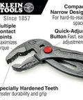 Close-up of 10 Inch Quick Adjust Tongue And Groove Pliers With Push Button Ratchet showcasing hardened teeth and compact design features.