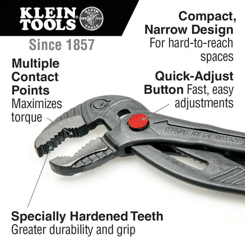 12 Inch Quick Adjust Pump Pliers With Tongue And Groove Klaw Push Button Ratchet For Fast Adjustments Narrow Profile in tight spaces