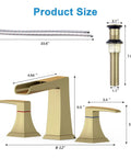 8 Inch Widespread Brushed Gold Bathroom Faucet With Slick Waterfall Flow, 3 Holes Deck Mount, Stainless Steel Pop Up Drain, cUPC Hose
