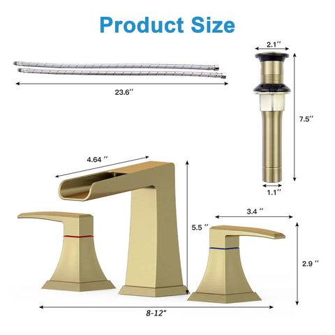 8 Inch Widespread Brushed Gold Bathroom Faucet With Slick Waterfall Flow, 3 Holes Deck Mount, Stainless Steel Pop Up Drain, cUPC Hose