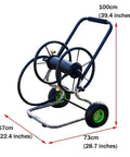 Heavy Duty Garden Hose Reel And Portable Hand Push Hose Cart With Inflatable Wheels showing dimensions and sturdy design for easy use.