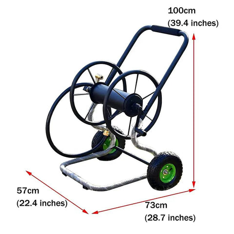 Heavy Gauge Garden Hose Reel Cart With Rugged Hand Push Frame And Manual Crank Spool, measuring 100cm, with wheels for mobility.