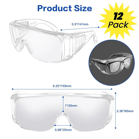 Clear Safety Glasses Over Eyeglasses 12 Pack Anti Fog Scratch Resistant Eyewear size and fit details with dimensions