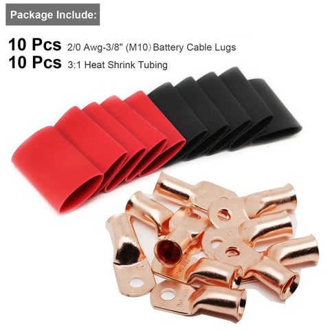 Heavy Duty Battery Lugs And Ring Terminals For 2/0 AWG Cables 3/8 Inch Copper Lugs Battery Cable Ends Terminal Connectors With Ten Pack Heat Shrink Tubing In Red And Black displayed with copper lugs and red black tubing.
