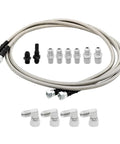 Beefy 70 Inch Flexible Stainless Steel Braided Transmission Cooler Lines Kit with adapters, showing hoses and connectors.
