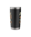 Black stainless steel travel mug with vintage logo design
