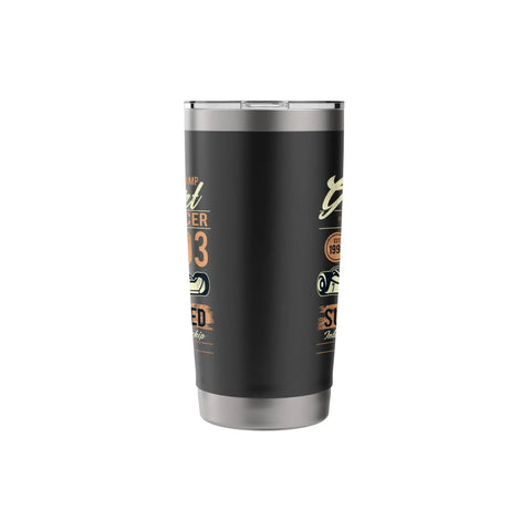 Black stainless steel travel mug with vintage logo design